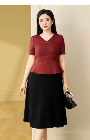 1 2026 Summer New Chinese Style Plus Size Dress, Jacquard V-Neck Faux Two-Piece Elegant Dress for Curvy Women