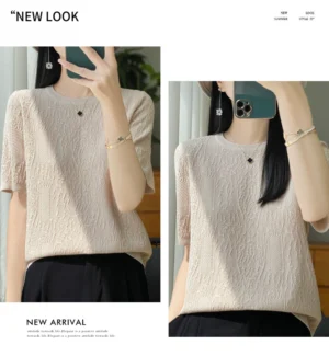 22 2026 Women's Short Sleeve T-Shirt Plus Size Crochet Lace High Low Hem Boxy Top