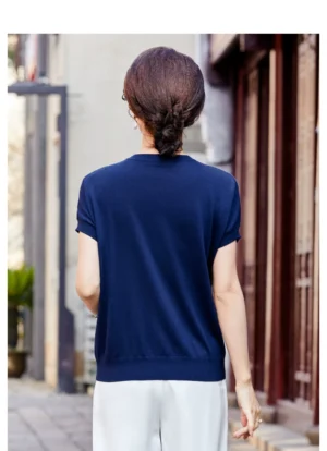 3 Hengyuanxiang Women's Short Sleeve Knit Top Summer New Arrival Middle-aged Mother's T-shirt with Hot Drill Embellishment Lyocell Silk Blend Slim Fit