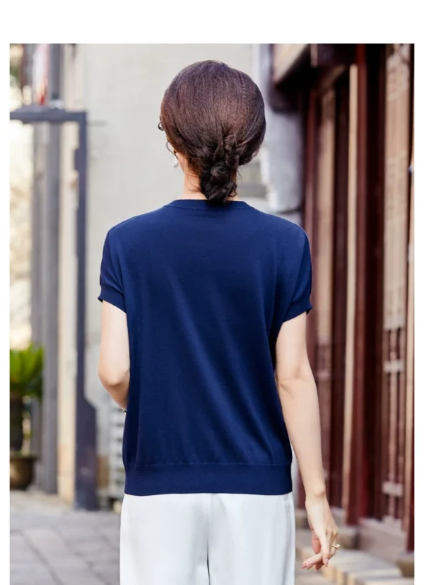 Hengyuanxiang Women's Short Sleeve Knit Top Summer New Arrival Middle-aged Mother's T-shirt with Hot Drill Embellishment Lyocell Silk Blend Slim Fit