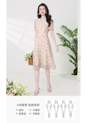 3 Shixu French V-Neck Floral Chiffon Dress Women's 2026 New Summer Short Sleeve Age-Reducing Midi Dress 66579