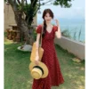 2026 Summer French Retro Floral Long Dress, Elegant V-Neck Waist Slim Tea Party Dress for Women