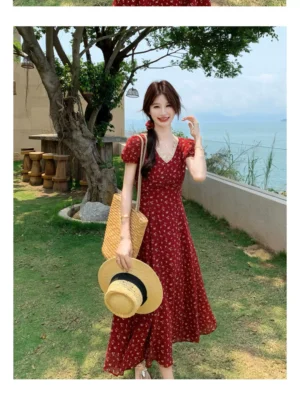33 2026 Summer French Retro Floral Long Dress, Elegant V-Neck Waist Slim Tea Party Dress for Women