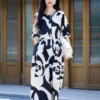 Yuerong [Camellia Flower Language] Black and White Printed Silk Mulberry Silk Midi Dress, Cool Vacation Style