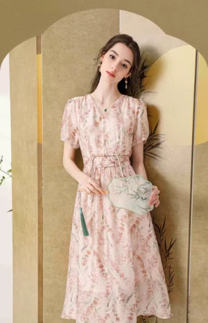 55 Poem Mood Gentle Pink Chinese Style Frog Button Dress 2026 Summer New Fashion Waist Slim Printed Skirt 64628