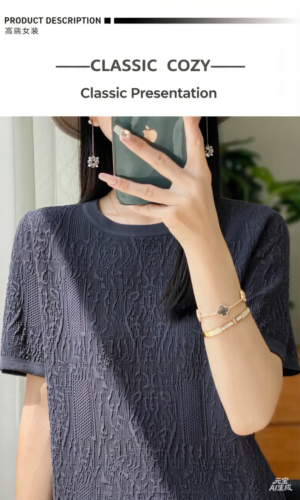 63c81f73ab4b58 Women's Fashion Jacquard Short-Sleeve T-Shirt Summer 2026 New Style Basic Top Plus Size Women's Clothing Ice Silk Knitted Top